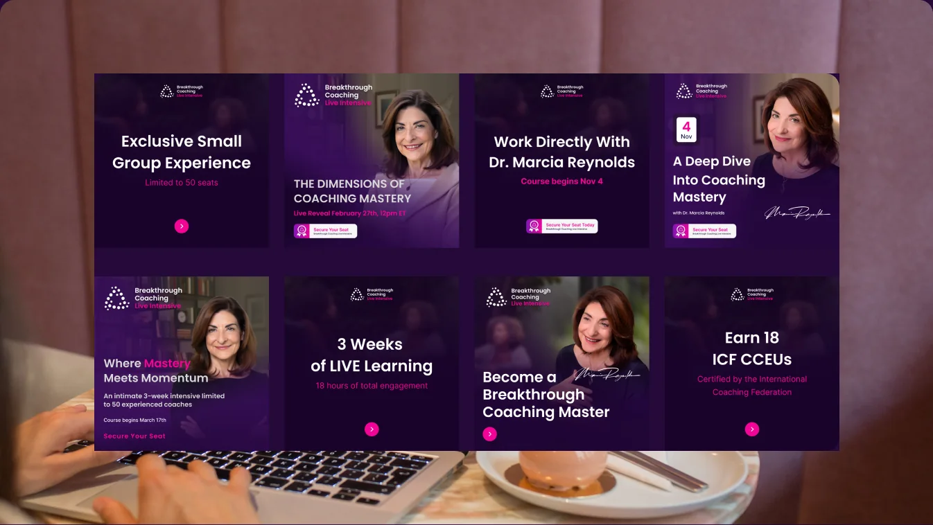 Breakthrough Coaching campaign asset set shown as a floating grid over a laptop session mockup.