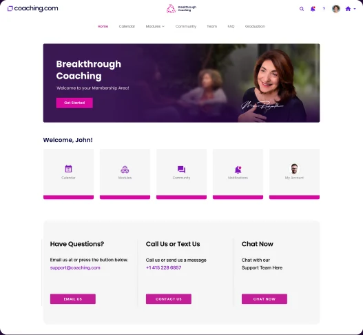 Breakthrough Coaching membership area welcome screen.