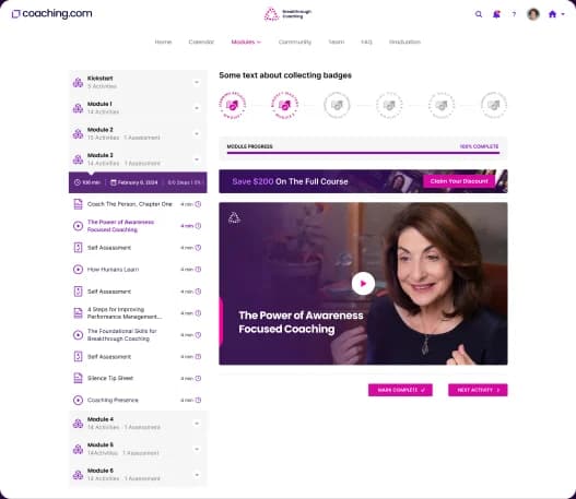 Breakthrough Coaching delivery platform with module overview and lesson video.