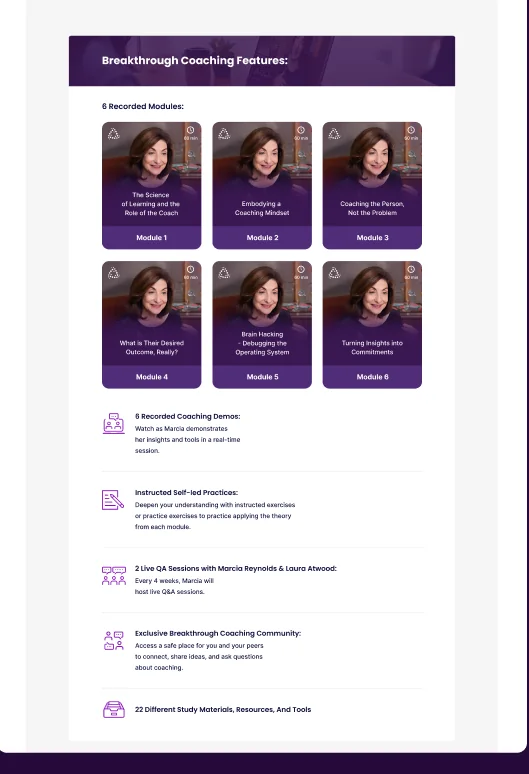 Breakthrough Coaching sales page detailing the six recorded modules and program features.