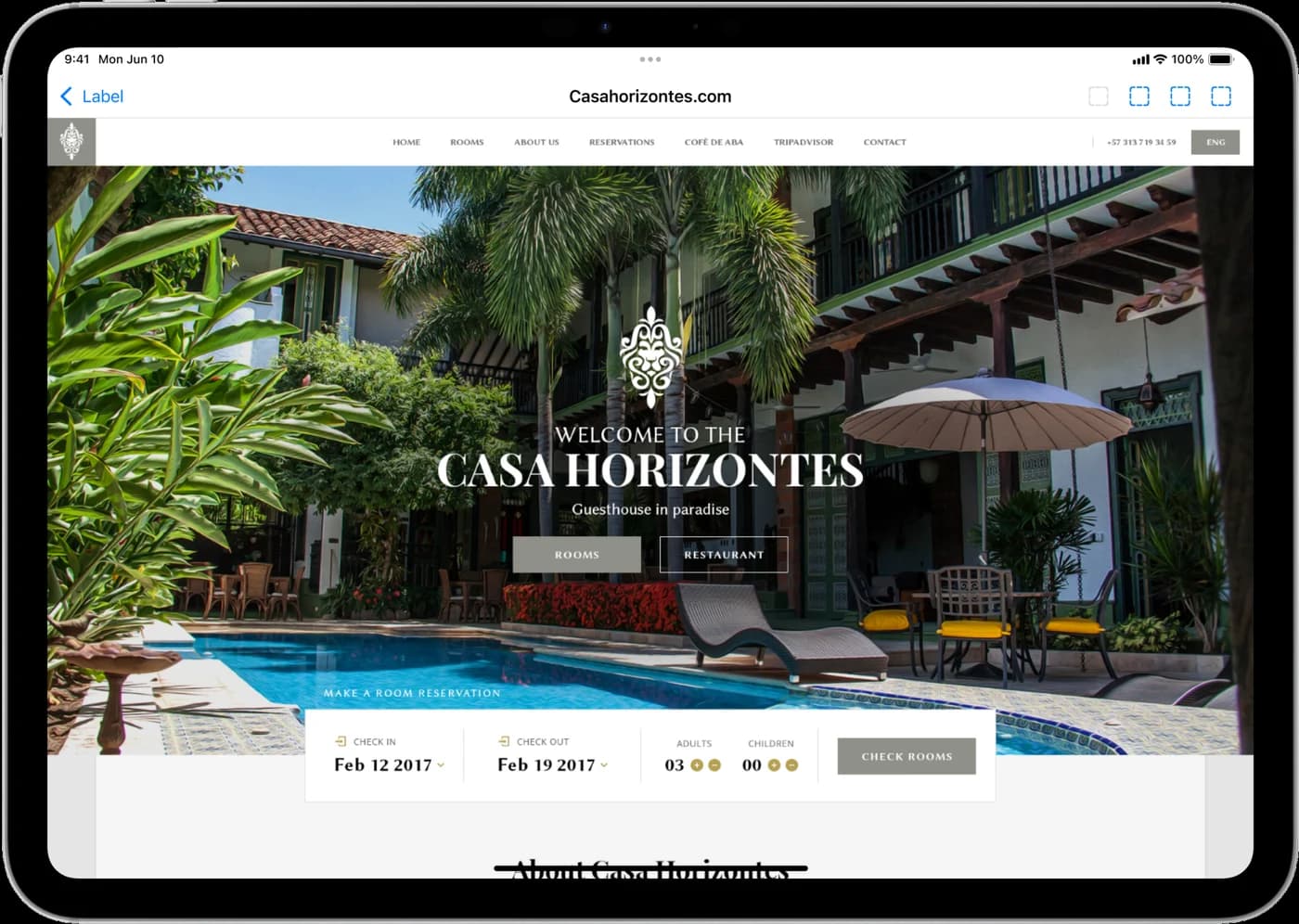 The Casa Horizontes booking website displayed on a tablet.