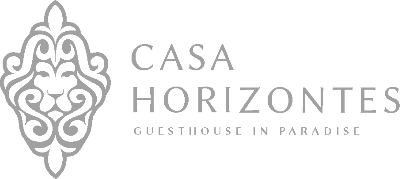 Casa Horizontes horizontal logo — a lion crest beside the wordmark, above ‘guesthouse in paradise’.