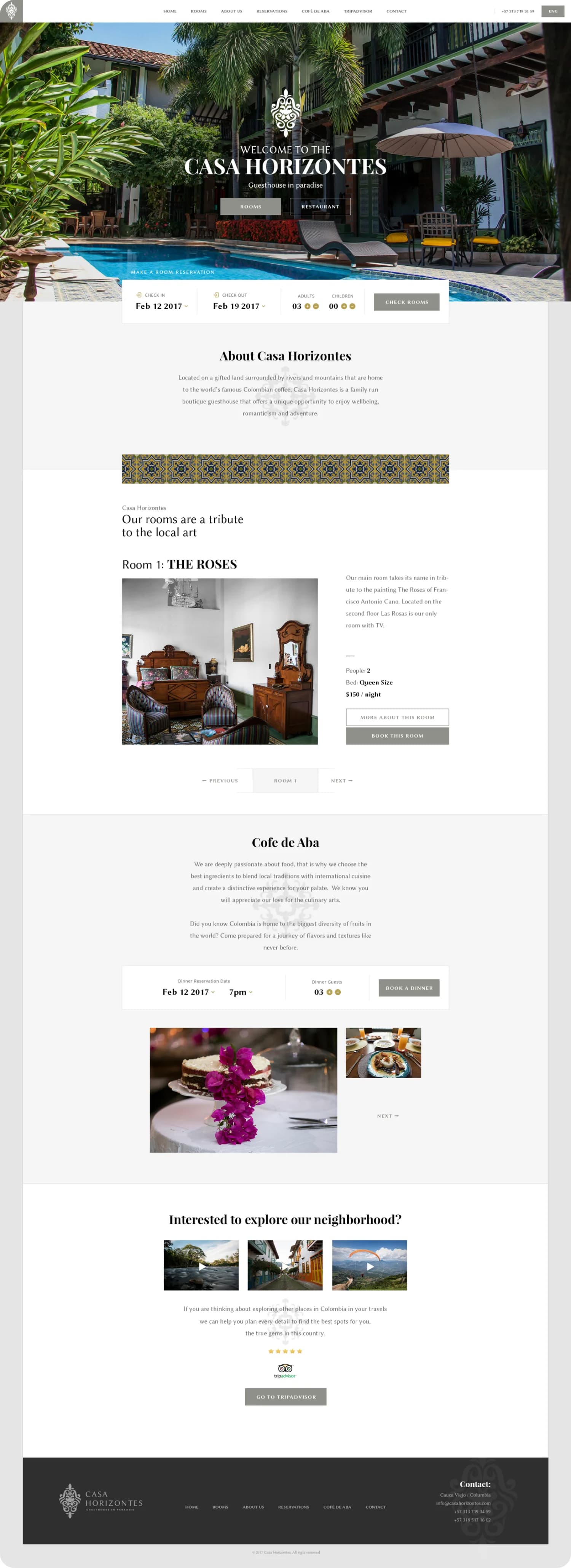 The full Casa Horizontes booking website design, from welcome hero through rooms, dining and footer.