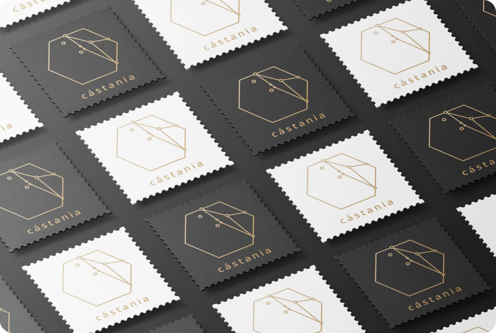 Castania stamp mockups arranged in a grid on a dark surface.