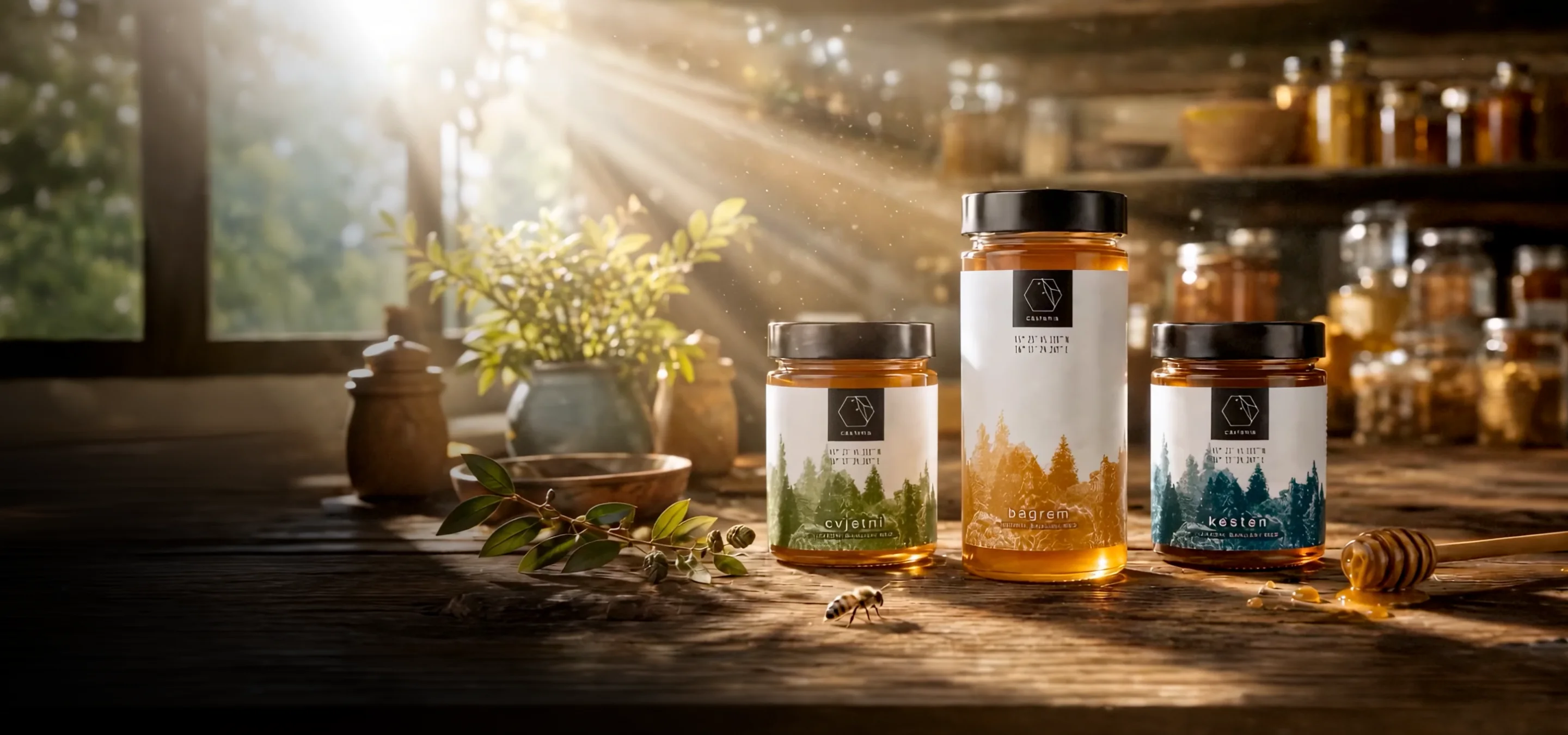 Castania honey jars on a rustic wooden shelf lit by warm morning sunlight.
