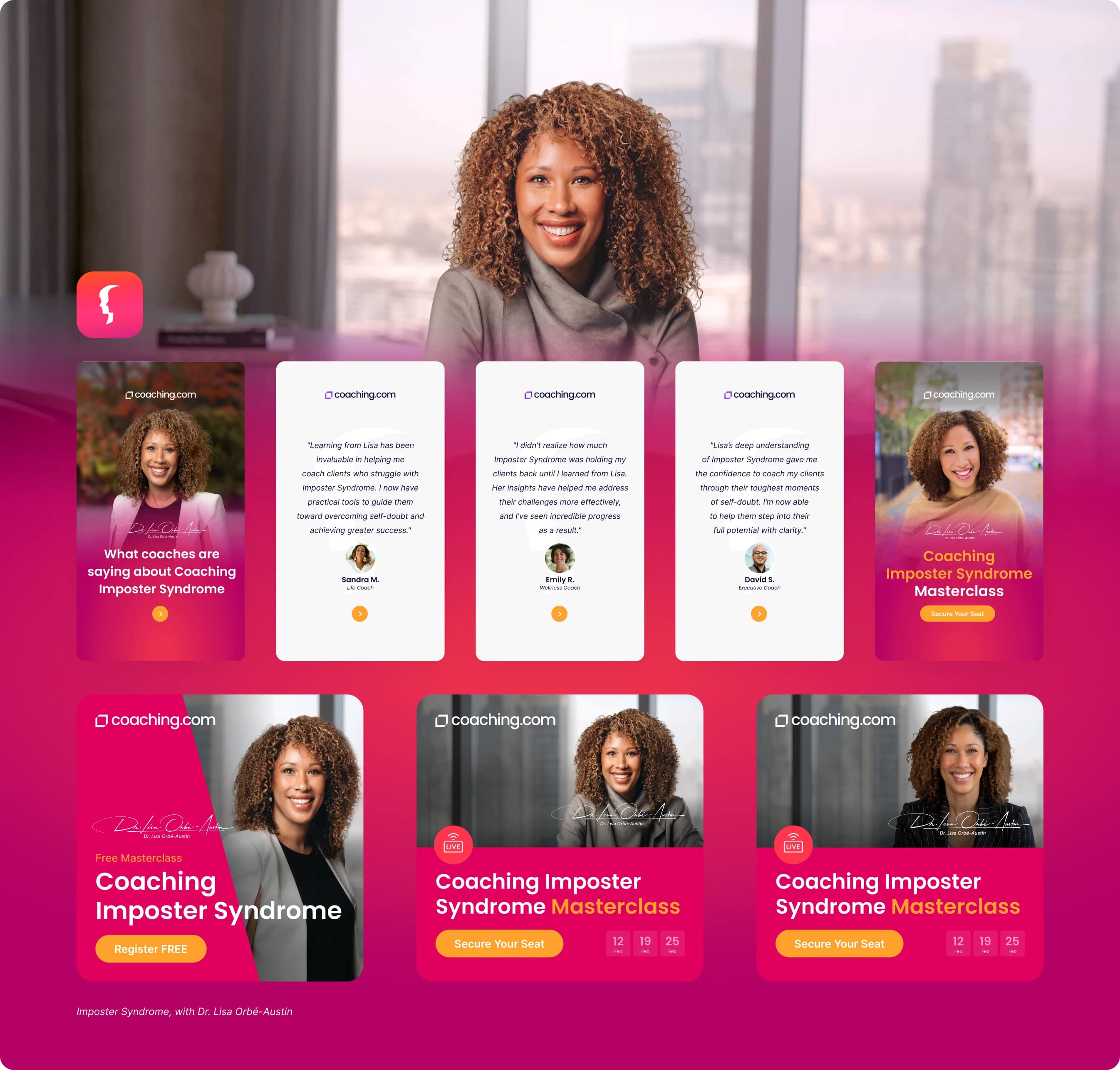 Digital and social marketing assets: social testimonial cards and masterclass promotion banners for the Coaching Imposter Syndrome program.