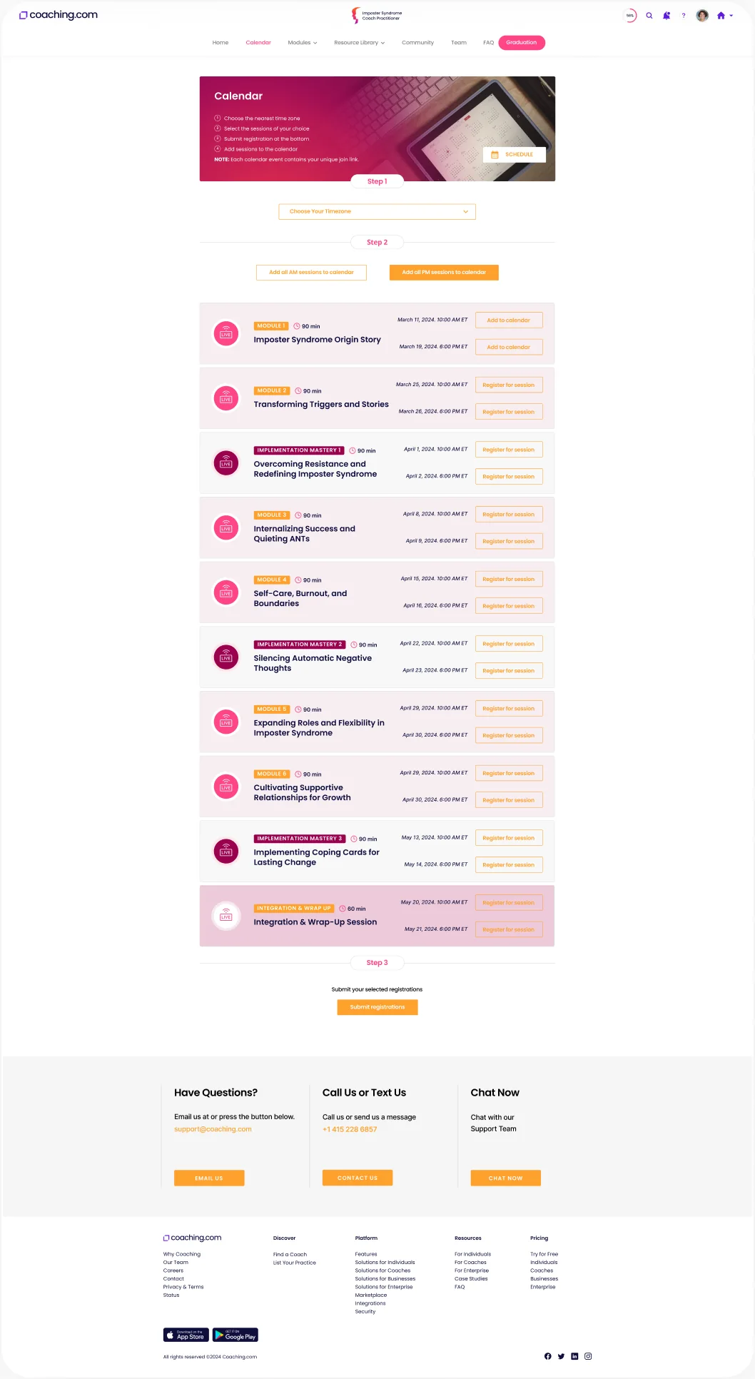 The coaching.com calendar page listing the program's live sessions.