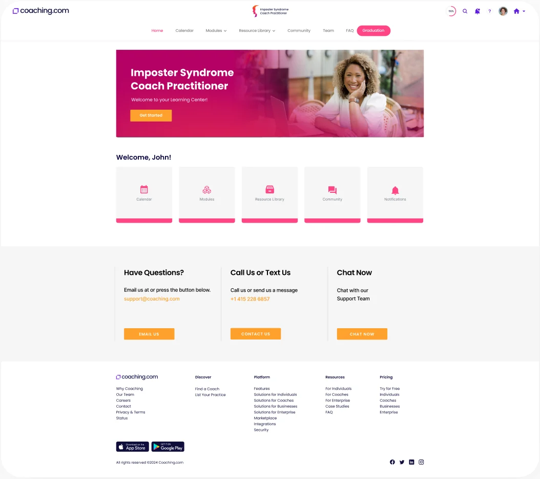 The coaching.com learning-platform home screen for the program.
