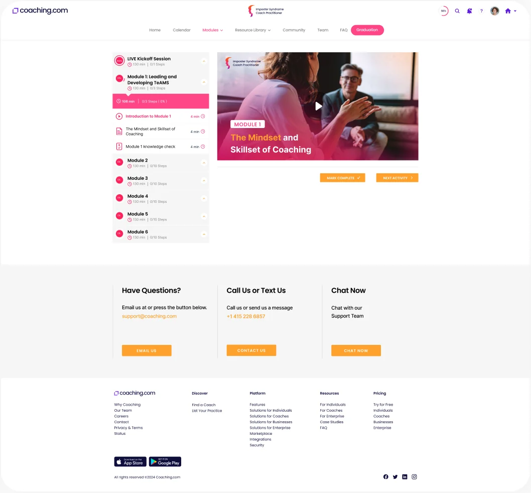 The coaching.com modules screen for the program's delivery system.