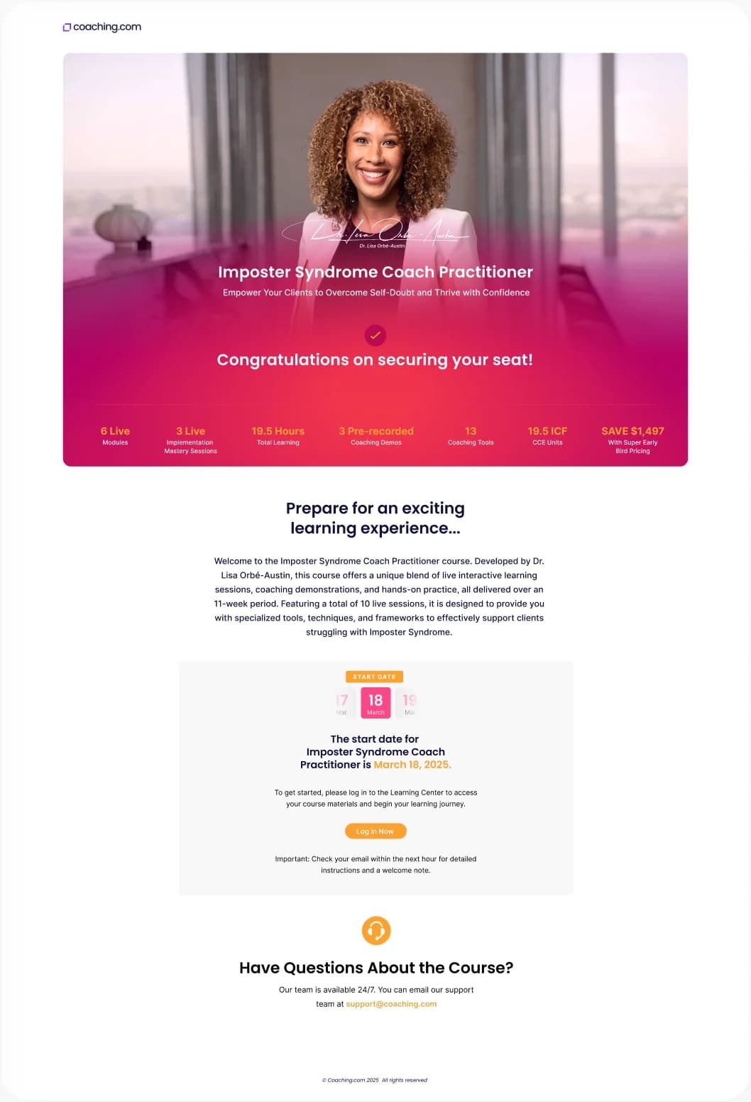 The program's registration thank-you page.