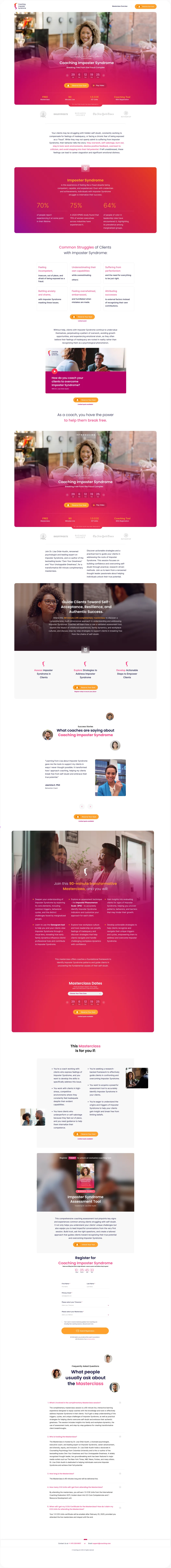 The Coaching Imposter Syndrome masterclass squeeze page, shown top to bottom.