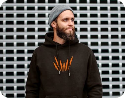 Man wearing a Carloban.com branded hoodie
