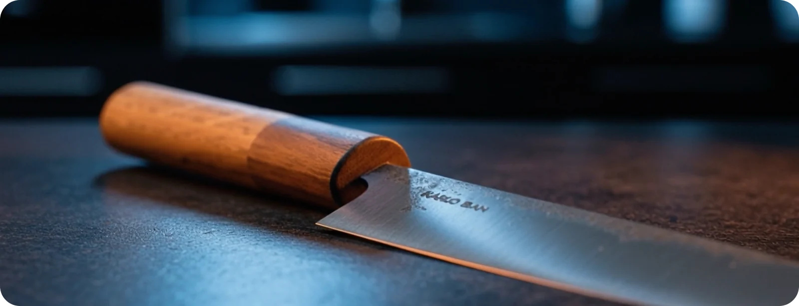 Hand-forged Karlo Ban chef's knife resting on a dark surface