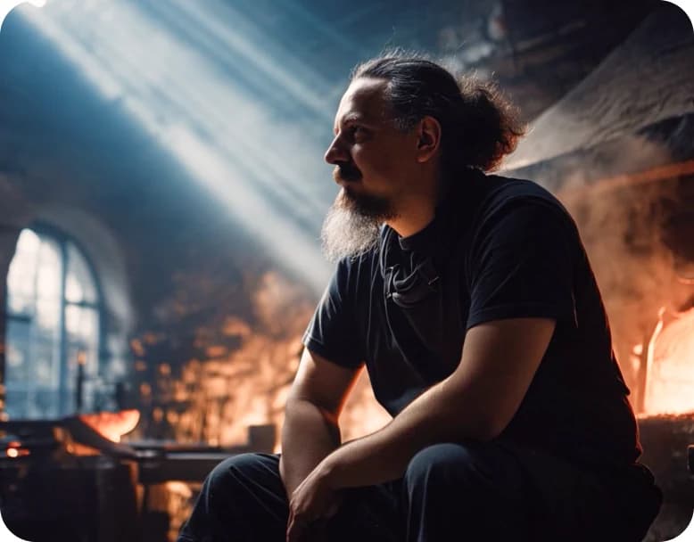 Karlo Ban seated in his forge