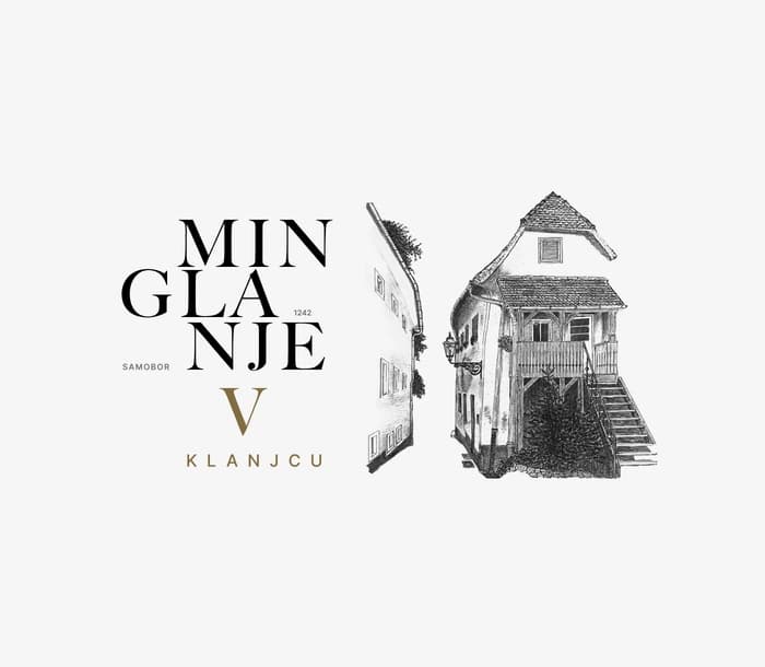 Minglanje V Klanjcu logo composition #1 — the serif wordmark set beside a detailed engraving of a historic Klanjec house.