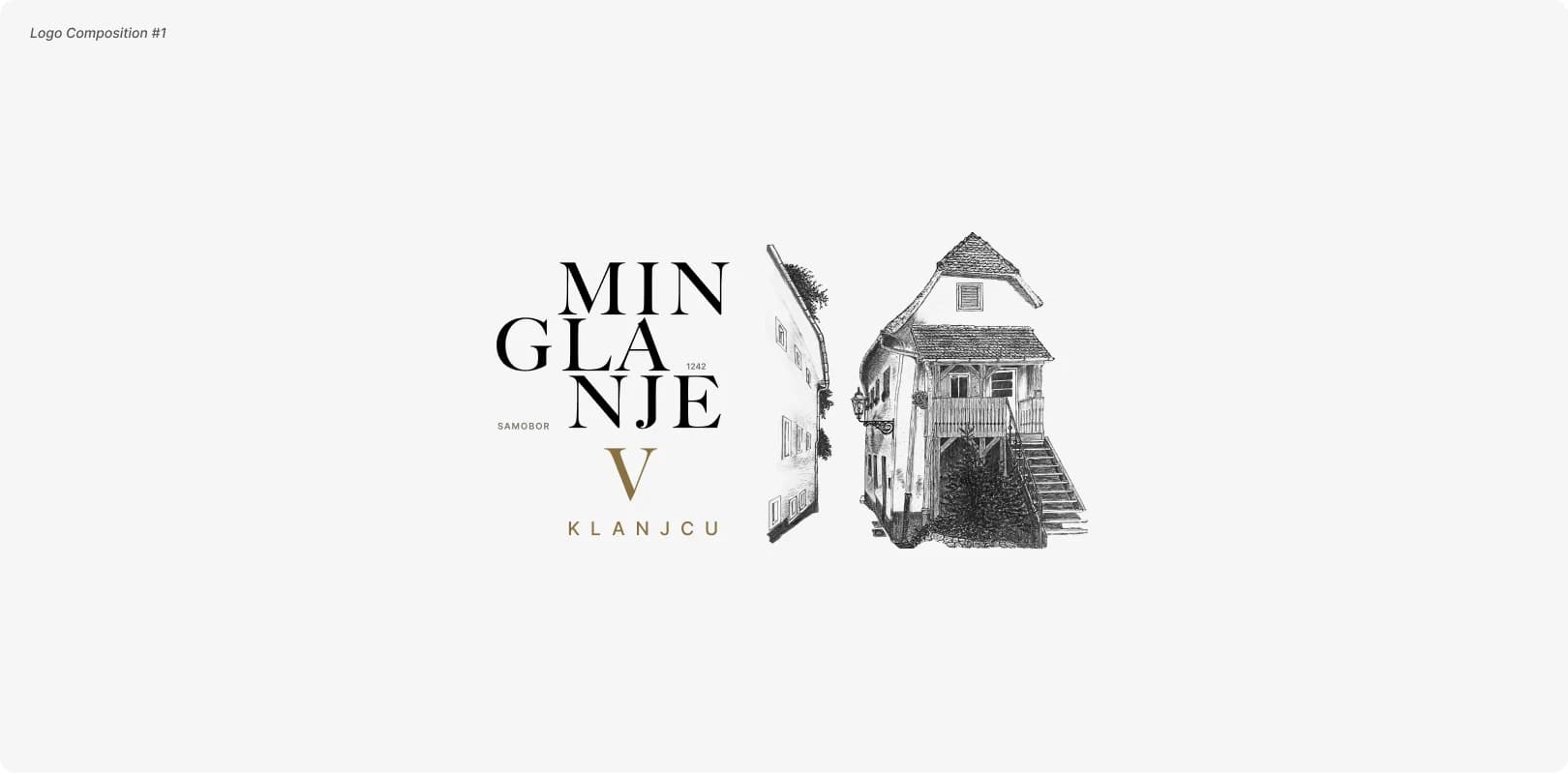 Minglanje V Klanjcu logo composition #1 — the serif wordmark set beside a detailed engraving of a historic Klanjec house.