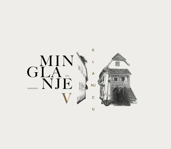 Minglanje V Klanjcu logo composition #2 — an alternate lock-up with the wordmark and house engraving centred.