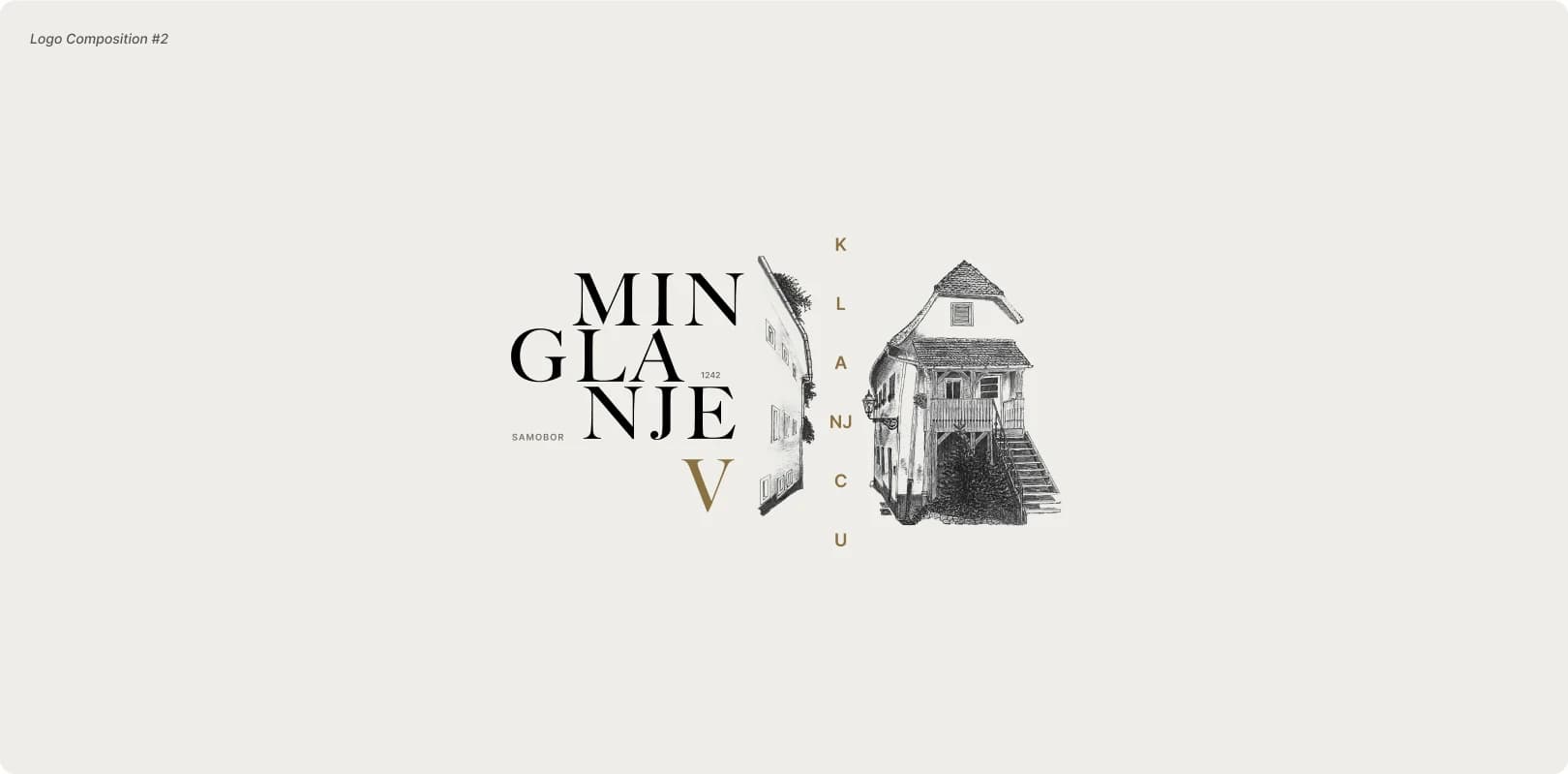Minglanje V Klanjcu logo composition #2 — an alternate lock-up with the wordmark and house engraving centred.