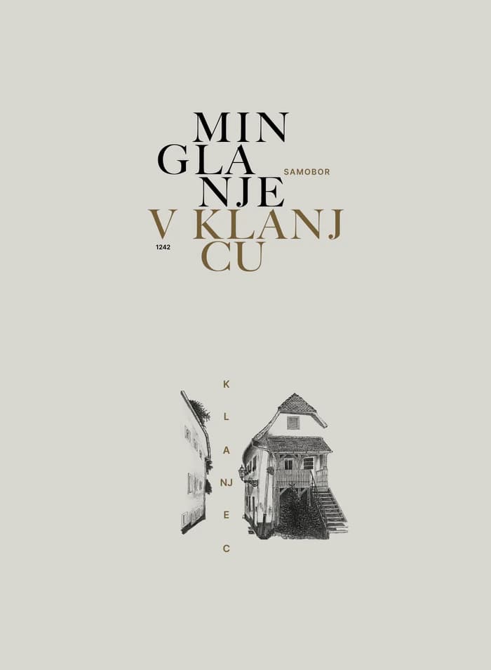 Minglanje V Klanjcu logo composition #3 — the wordmark with a vertical “Klanjec” beside the house engraving.