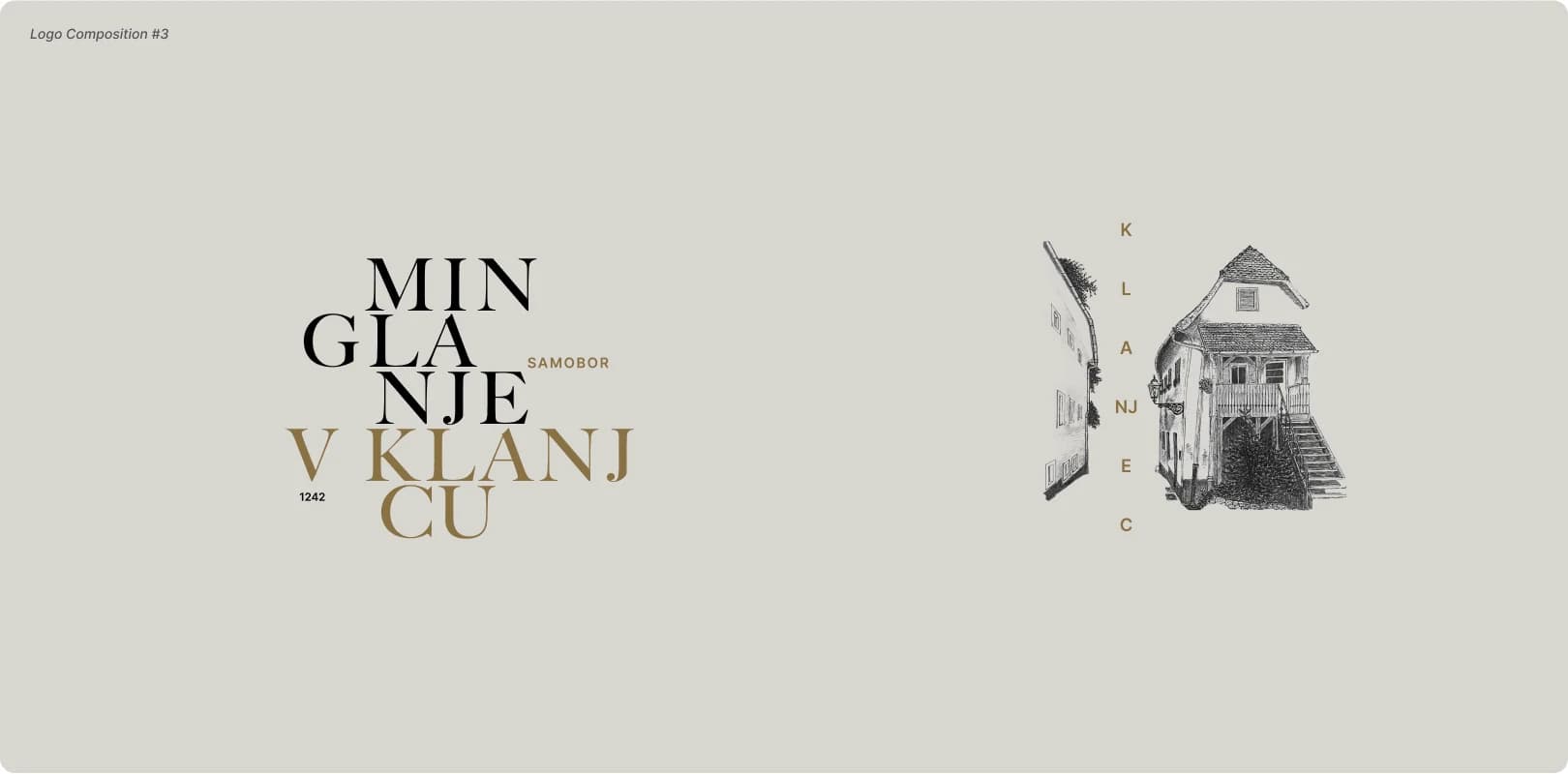 Minglanje V Klanjcu logo composition #3 — the wordmark with a vertical “Klanjec” beside the house engraving.