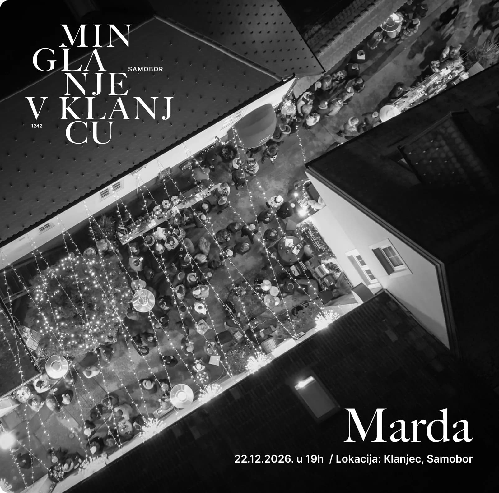 Minglanje V Klanjcu “Marda” event poster — an aerial night photograph of the festival courtyard strung with lights, dated 22.12.2026. at 19h, Klanjec, Samobor.