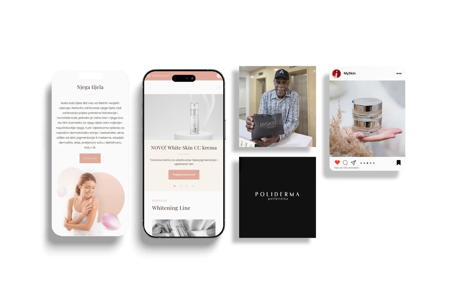 MySkin and Poliderma brand collateral: mobile web designs, social posts, and packaging.