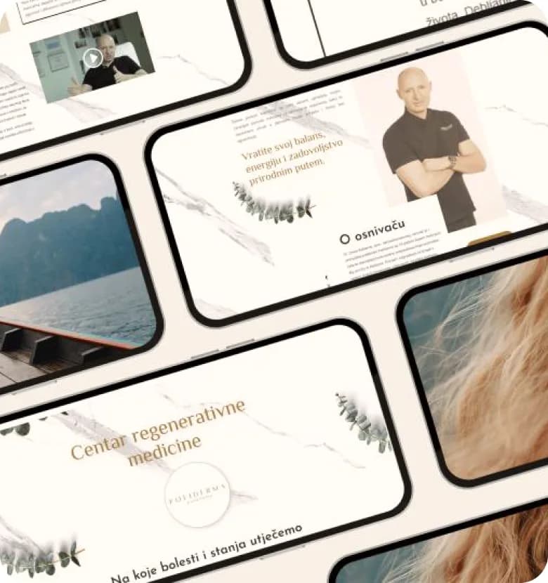 The redesigned Poliderma website shown across several screens.