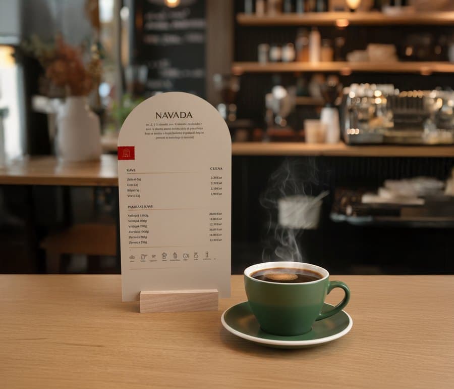 NAVADA café menu stand beside a green cup of coffee.
