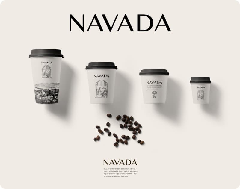 NAVADA takeaway cup series with roasted beans on a beige backdrop.