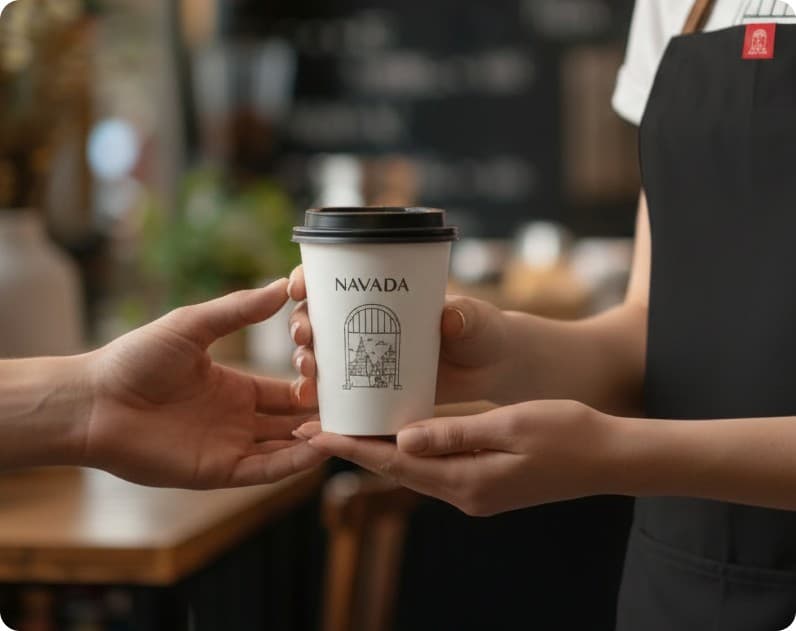 A barista handing a branded NAVADA takeaway cup to a customer.