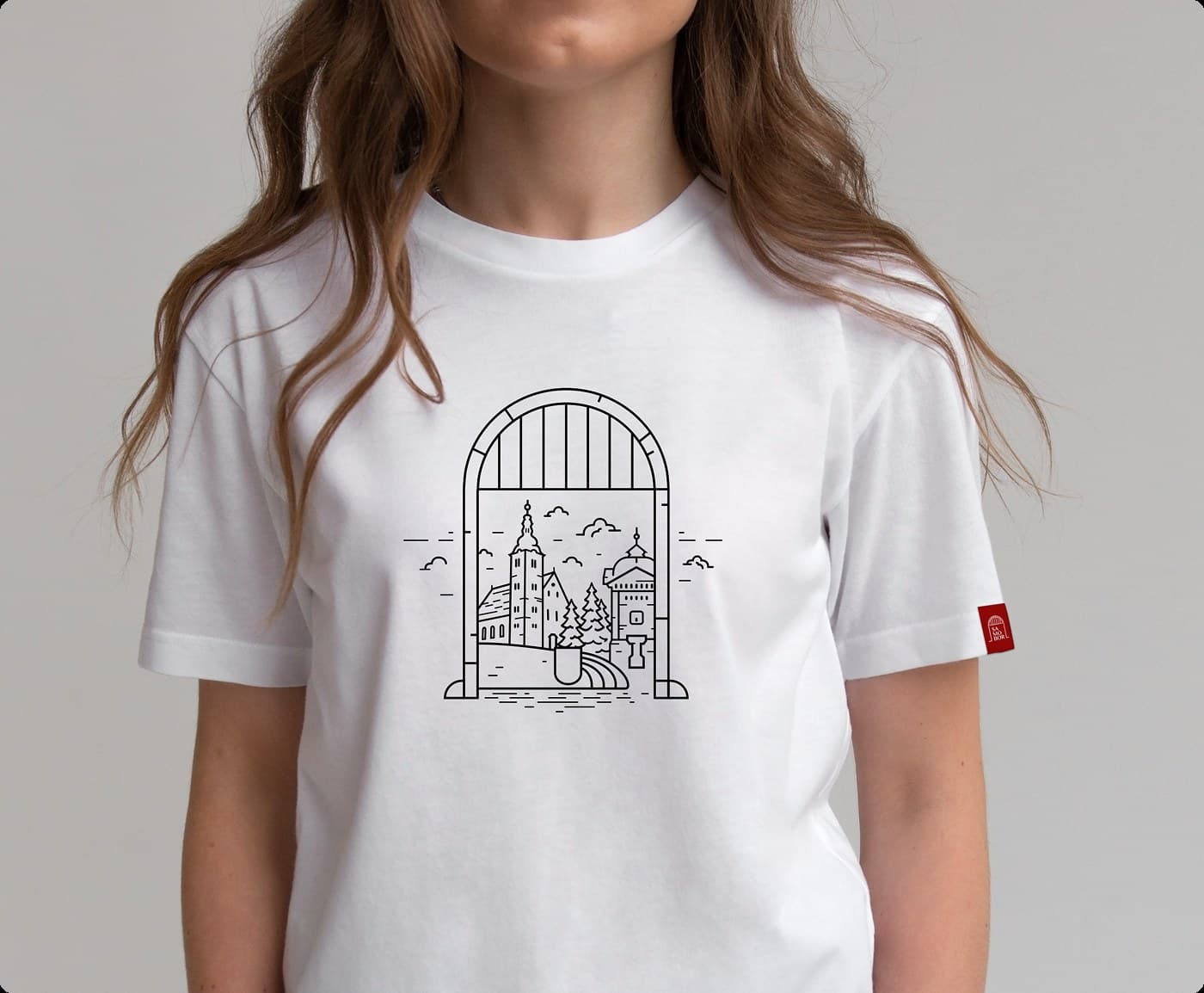 White NAVADA t-shirt printed with the Vrata Samobora gate illustration.