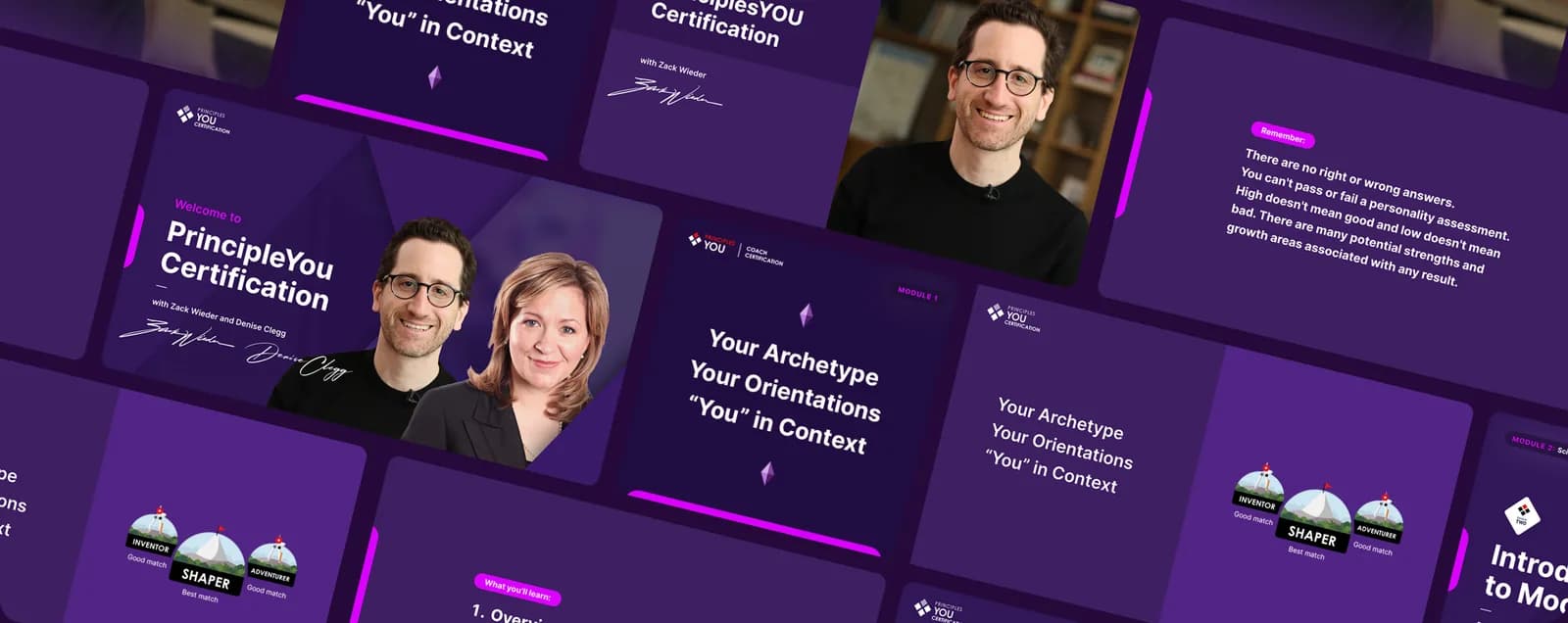 PrinciplesYou Certification social and campaign asset set on a purple grid.