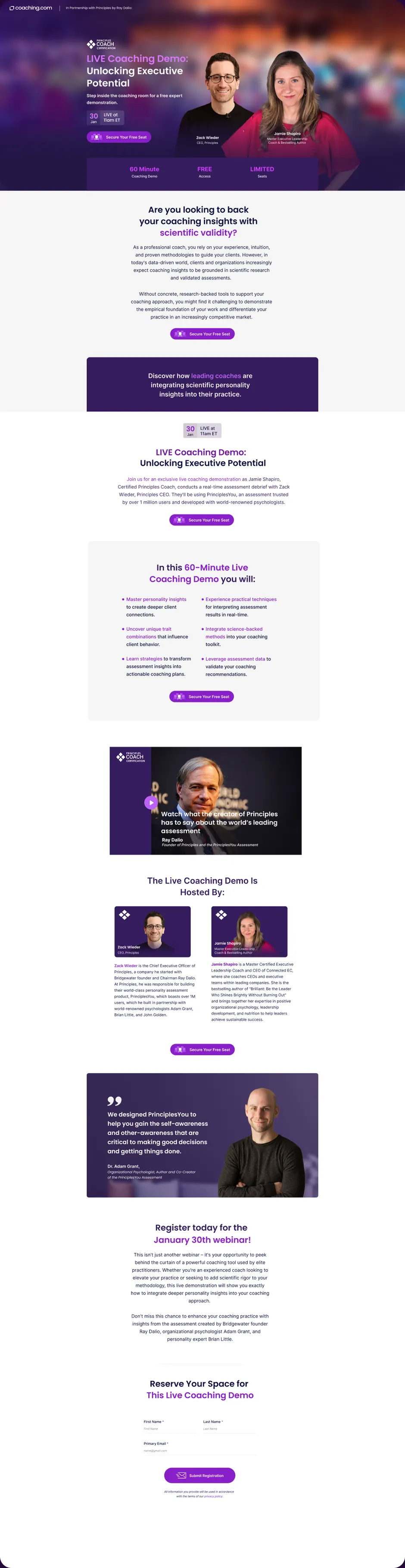 Full masterclass registration landing page for the PrinciplesYou program.