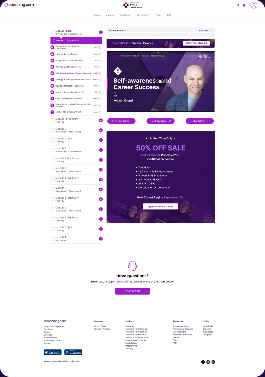 Program delivery system: course modules and 50% off certification sales page.