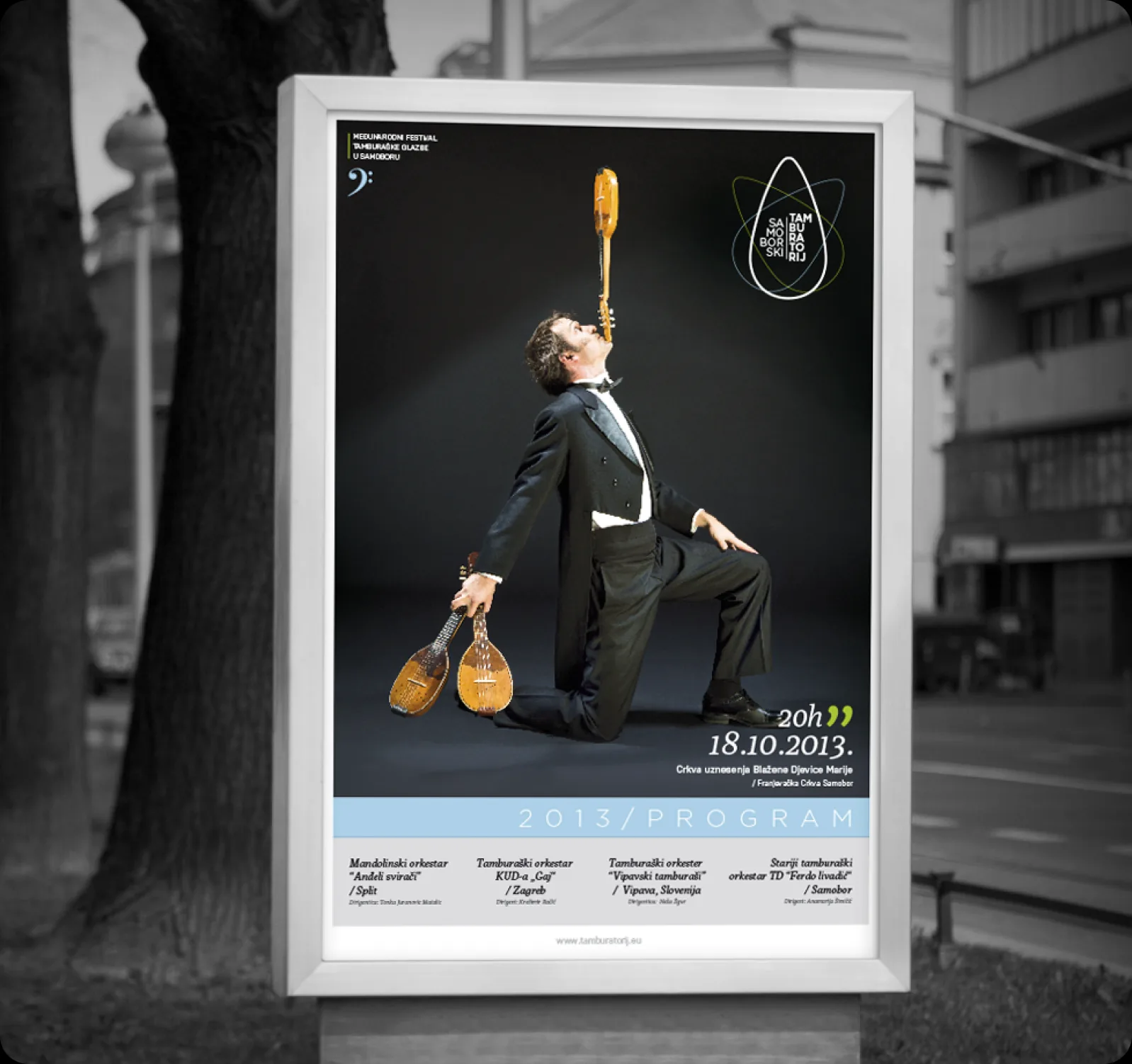 The 2013 Samoborski Tamburatorij poster mounted in an illuminated street city-light display.
