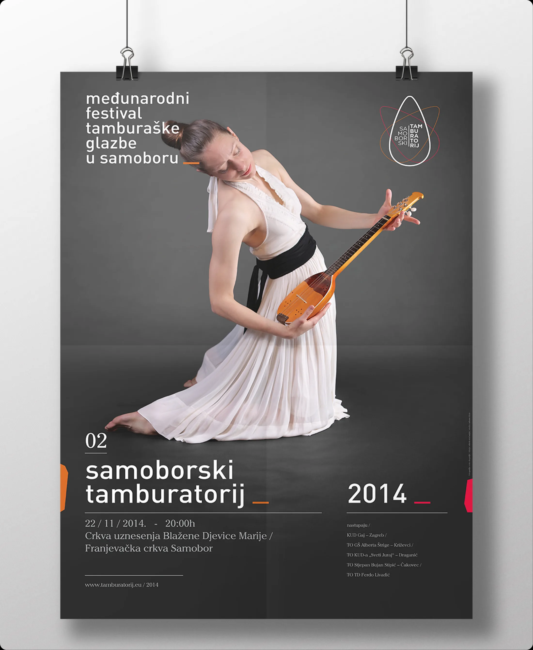 The 2014 Samoborski Tamburatorij festival poster: a dancer in a white dress playing a tamburitza.