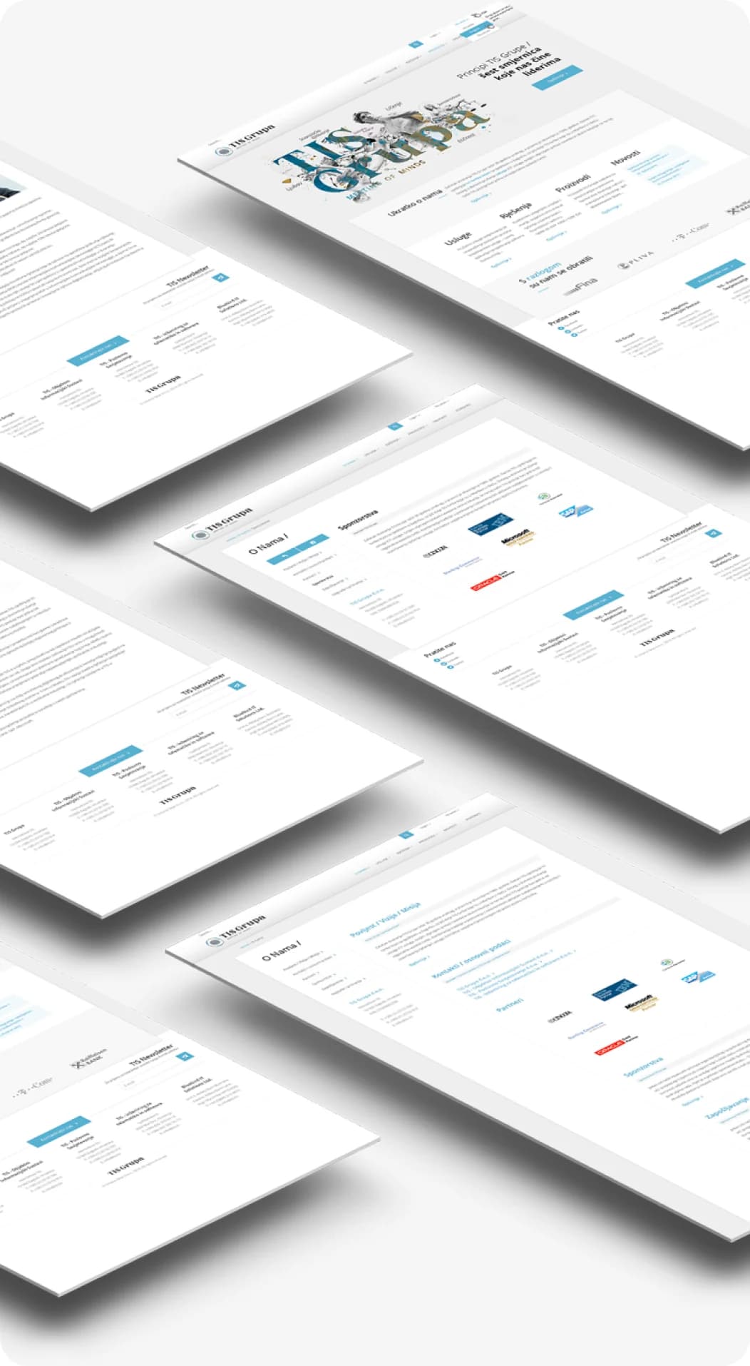 A set of TIS Grupa website pages shown in an isometric grid.