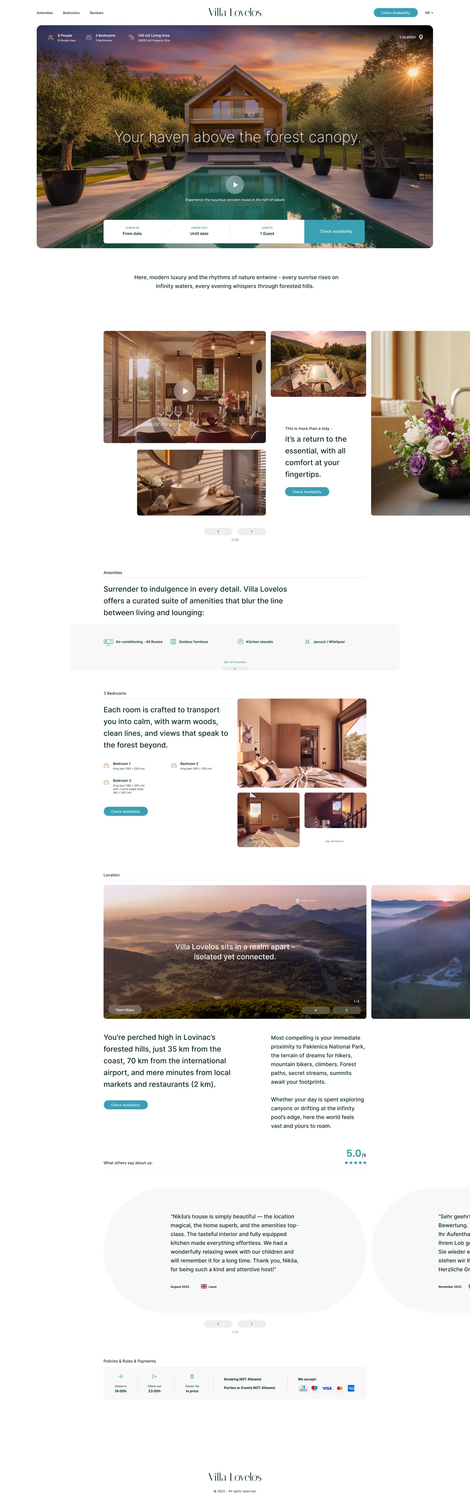 The full Vila Lovelos booking website design — hero with a booking bar, amenities, three bedrooms, the location map, guest reviews rated 5.0, and the policies and payments footer.